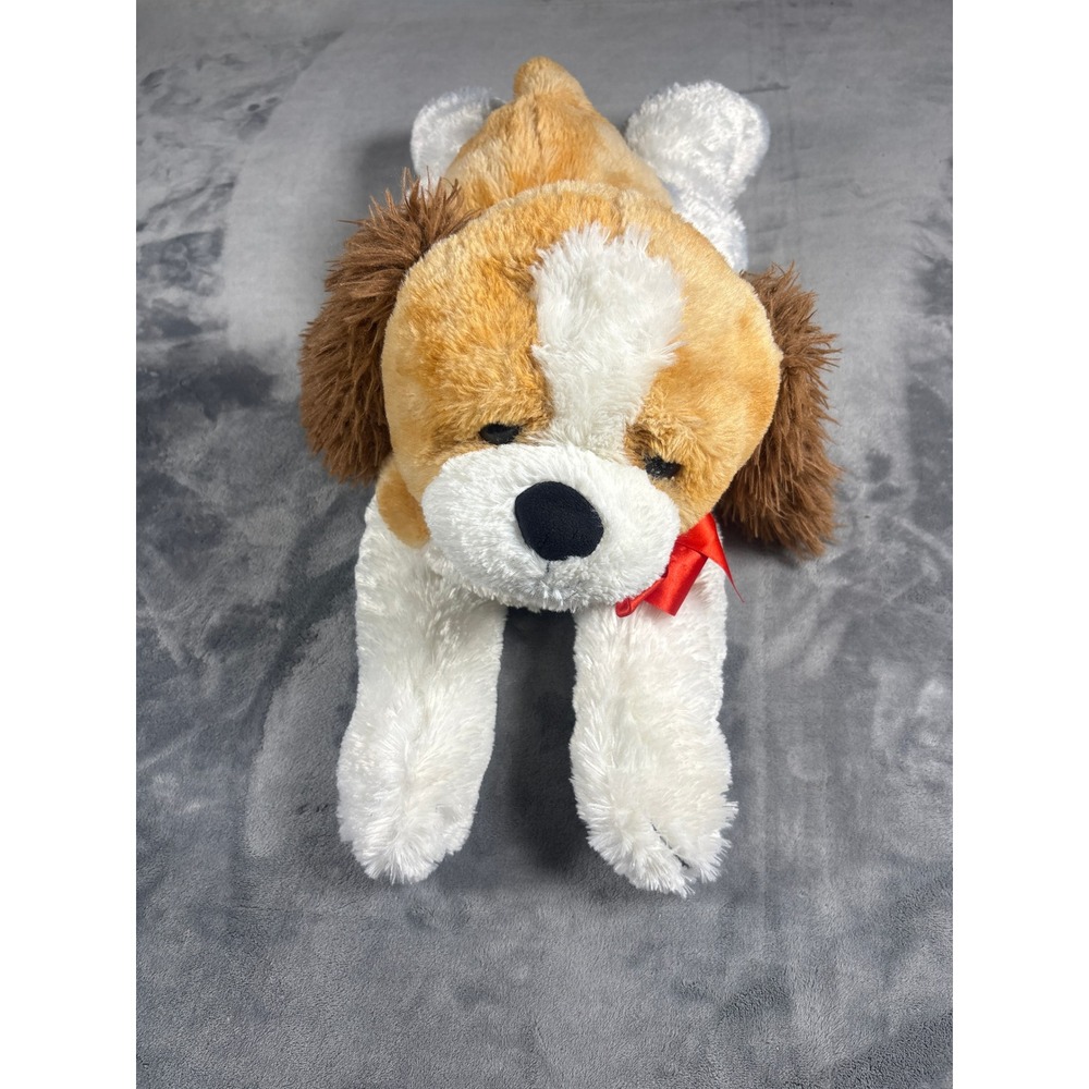 Unbranded Unisex Lying Brown Dog Plush Toy Large Brown White Soft Fur Ribbon